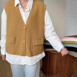 Women's Tanks Korean Style Sleeveless Knitted Vest Autumn Winter Loose Pockets Patchwork Fashion Versatile Simple Female Waistcoat