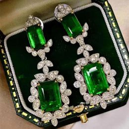 Dangle Earrings Luxury 925 Sterling Silver Inset Princess Square Green Emerald Gemstone Long Drop For Women Jewellery Gift