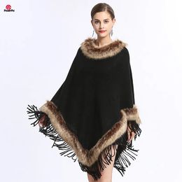 Women's Cape Fashion Full Trim Faux Raccoon Fur Pullover Cape Loose Knit Poncho Cloak Coat Women Autumn Winter Shawl Wrap 231023