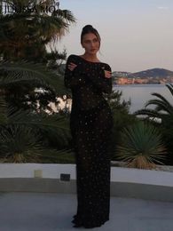 Casual Dresses Sexy See Through Glitter Diamond Long Sleeve Maxi Dress Elagant Women Backless Party Evening Slim Fashion Robe