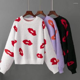 Womens Sweaters Autumn Warm Soft Sweater Women Pullover Winter Lips Valentines Day Jumper O Neck Korean Fashion Love