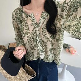 Women's Blouses DASSWEI Vintage Chiffon Printed For Women Casual Lantern Long Sleeve Loose Green Shirt 2023 Summer Elegant V Neck Blouse