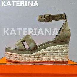 Designer 1083 sandali donne cuneo estate tondo tondo vera vera pelle di cinghia di copertura della caviglia talloni di grandi dimensioni 42