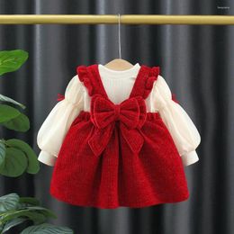 Girl Dresses Sweet Winter Autumn Girls Kids Princess Long Sleeve Velvet T-shirt Children Baby Infants Bow Overall Dress Vestidos 2pcs