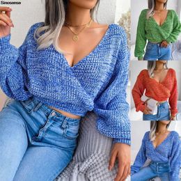 Women's Sweaters Autumn Winter Colour Block Cropped Sweater Sexy Wrap V Neck Long Sleeve Ribbed Knitted Crop Tops Pullove Knit Jumper