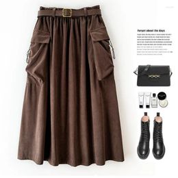 Skirts Retro High Waist Skirt All-match Fashion Solid Colour Simple Corduroy Streetwear Tooling Wind Elegant Casual