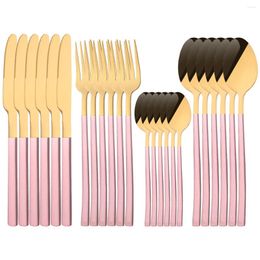 Dinnerware Sets 24Pcs Mirror Pink Knife Cuterly Set Party Fork Spoon Flatware Silverware Stainless Steel Tableware Complete
