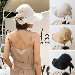 Wide Brim Hats Bucket Hats Women Cotton Linen Bucket Hat Summer Sunscreen Cap Female Beach Outdoor Panama Bowknot Foldable Sun Hats 231023