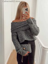 Women's Knits Tees Elegant Slash Neck Women's Sweater Fashion Off Shoulder Long Sleeve Warm Grey Pullover Autumn Casual Lady Soft Knitwear Tops T231024