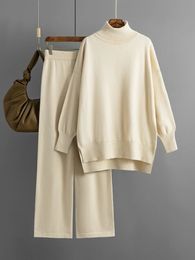Womens Two Piece Pants Knitted Suit Winter Autumn Tracksuit Slit Turtleneck Sweater High Waist Wide Leg Set Women Outifits 231024