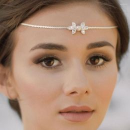 Hair Clips Stonefans Simple Crystal Leaf Forehead Chain Headpiece Jewellery Elegant Round Pearl Bridal Wedding For Women