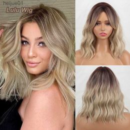 Synthetic Wigs Brown Ombre Blonde Synthetic Bangs Wig Women Ash Blonde Long Natural Wavy Hair Wig Daily Cosplay Use Heat ResistantL231024