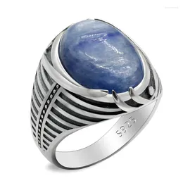 Cluster Rings Classic Turkish Jewelry 925 Sterling Silver Men's Ring With Natural Kyanite Simple Striped Punk Birthday Wedding Gift