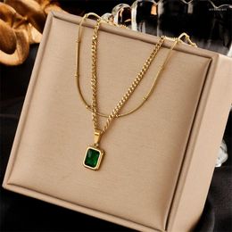 Pendant Necklaces 316L Stainless Steel Fashion Fine Jewelry 2 Layer Beaded Embedded Green Zircon Charm Chain Choker Necklace For Women