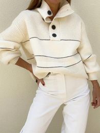 Women's Sweaters Patchwork Stripe Knit Turtleneck Button Women Pullover Lantern Sleeve Loose Sport Sweater 2023 Autumn Chic Casual Lady