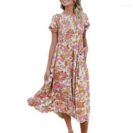 Stage Wear Summer Multicolor Flower Bubble Sleeves Round Neck Pleated Flowering Ruffle Edge Dress For Women