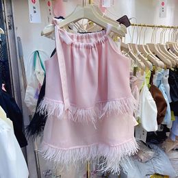 Women's Tanks WDMSNA French Round Neck Lace Tank Top Hanging Pink Womens Summer Sleeveless Tassel Spliced Chiffon Shirt Women