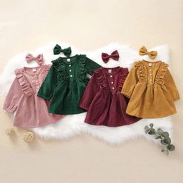 Girl Dresses 2PCS Spring Autumn Children Girls Kids Corduroy Dress Vintage Long Sleeve Ruffles Tutu Bow Tie Two Piece Set For