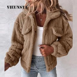 Womens Jackets Autumn Winter Vintage Plush Warm Woman Coat Casual Solid Lapel Loose Fuzzy Women Jacket Female Fluffy Button Long Sleeve Outwear 231024