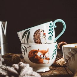 Mugs Nordic HandPainted Ceramic Coffee Retro Breakfast Milk Tea Juice Cup with Handle Household Forest Animal Kitchen Drinkware 231023