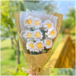 Decorative Flowers Wreaths 10/6Pcs Hand-Knitted Flower Hand Woven Bouquet Sunflower Rose Home Table Decorate Wedding Birthday Vale Dhnrx