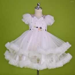 Girl Dresses White Puffy Gown Flower Beads Tiered Ruffles Kids Birthday Gowns With Bow Children Little Christmas Dress