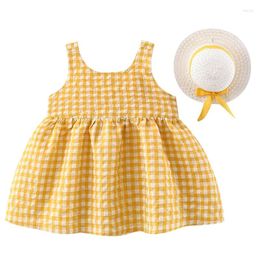 Girl Dresses 2Piece Set Summer Toddler Girls Dress Korean Cute Bow Plaid Sleeveless Cotton Princess Baby Sunhat Born Clothes BC004