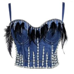 Women's Tanks Denim Camisoles For Women With Build In Bra Jeans Black Feather Bustier Corset Crop Top To Wear Out High Street Party Club