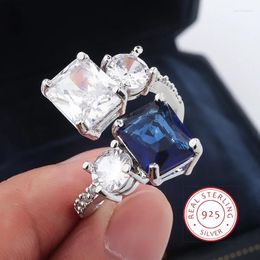 Cluster Rings 925 Silver Luxury High Carbon Diamond Flower Cut Proposal Ring Female Square Dark Blue Zircon Party Birthday Jewellery Gift