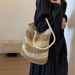 Storage Bags Women Colour Matching Woven Shoulder Versatile Fashion Crochet Handbag Large Capacity Shopping Bag For Travel Beach Vacation