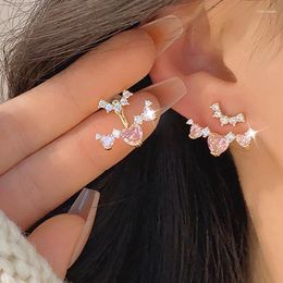 Stud Earrings Both Wear Exquisite Pink Pave Heart Zircon For Lady Romantic Elegant Fashion Weddings Luxury Gfit