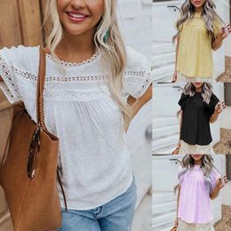 Women's Blouses 2023 Summer Fashion Round Neck Lace Crochet Knitted Plush Ball Short Sleeve Casual Shirt Top For Women