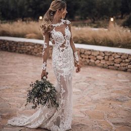 Lace Beaded Romantic Sexy Mermaid Wedding Guest Dresses Backless Tulle Dress For Bride Women Long Sleeves Bridal Gown