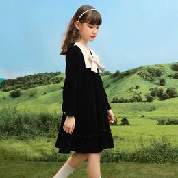 Girl Dresses Spring Autumn Girls Party Dress Long Sleeve Ruffle Hem Gown With Bow Children Kids Birthday Wedding Clothing 5-14 Years