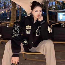 Womens Jackets Deeptown Vintage Baseball Varsity Jacket Women Oversized Streetwear Casual Embroidery Bomber Black College Autumn Winter 231024