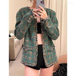 Women's Jackets High Quality Vintage Green Plaid Wool & Blends Coats 2023 Autumn Winter Luxury Elegant Tweed Jacket For Women Outwears