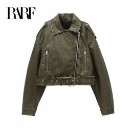 Women's Leather Faux Leather RARF style Women's washed leather jacket with belt short coat with downgraded zipper and vintage lapel jacket 231024