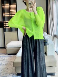 Women's Blouses Miyake Pleated Lace Gauze Shirt Women 2023 Summer Mesh Bat Sleeve Cardigan Single Breasted Coat Korean Fashion Casual Top