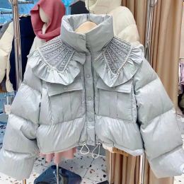 Winter Women Down Jacket, Female Doll Neck with Hollowed Out Lace Design Thickened Short White Duck Down