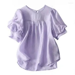 Women's Blouses Womens Chiffon Shirt Round Neck Solid Crimped Short Sleeve Loose Versatile Fashion Top Summer Casual Comfortable Wear