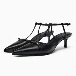 Dress Shoes 2023 TRAF Women Black Leather Heeled Slingback Pumps Chic Buckled Ankle Strap Heels Elegant Office Lady Pointed Toe Mules