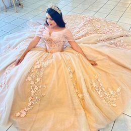 Champagne Off The Shoulder Quinceanera Dresses Ball Gown Sleeveless Floral Appliques Lace Handmade Flowers Beads Sweet 15 Party Wear