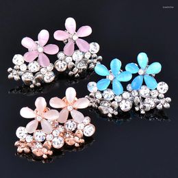 Stud Earrings SINLEERY Charm Pink Blue Opal Flowers Women Wedding Crystal Earring Accessories Jewellery ES434