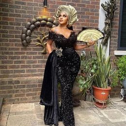 Aso Ebi Mermaid Evening Dresses For Black Girls Sequined Sexy Party Gowns Feathers Off Shoulder V NeckProm Dress With Side Train