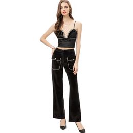 Women's Three Piece Pants Sets Binding Long Sleeves Balzer with Spaghetti Bra Blouse and Pant Fashion Twinset