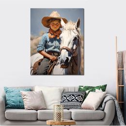 Figure Poster Painting Boy Ride Horse Cowboy Picture Print on Canvas for Living Room Wall Decor