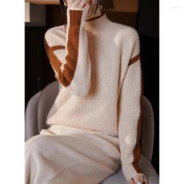 Women's Sweaters Women S Autumn Winter 100 Cashmere Sweater Half Turtleneck Colour Block Pullover Loose Fit Thick Knitted Base Layer
