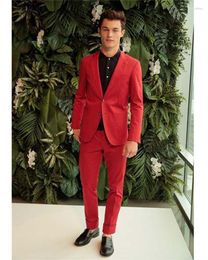 Men's Suits Men's 2023 Fashion Red Blazer Trousers Groom Tuxedos Slim Fit Men Coat With Pockets 2Button Young Suit 2pcs Tailor(Jacket