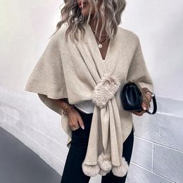 Women's Cape Women's Jackets Elegant Solid Faux Fur Cape Shawls for Women Autumn Winter Loose Knitted Poncho Oversized Sweater Cloak Bohemian Knitwear 231023