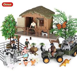 Decorative Objects Figurines Oenux Farm House Model Action Figures Farmer Motorcycle Cow Hen Pig Animals Set Figurine Miniature PVC Cute Kids Toy 231023